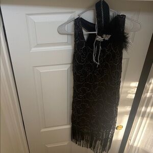 Flapper dress and headband— Black Beaded Fringe Dress